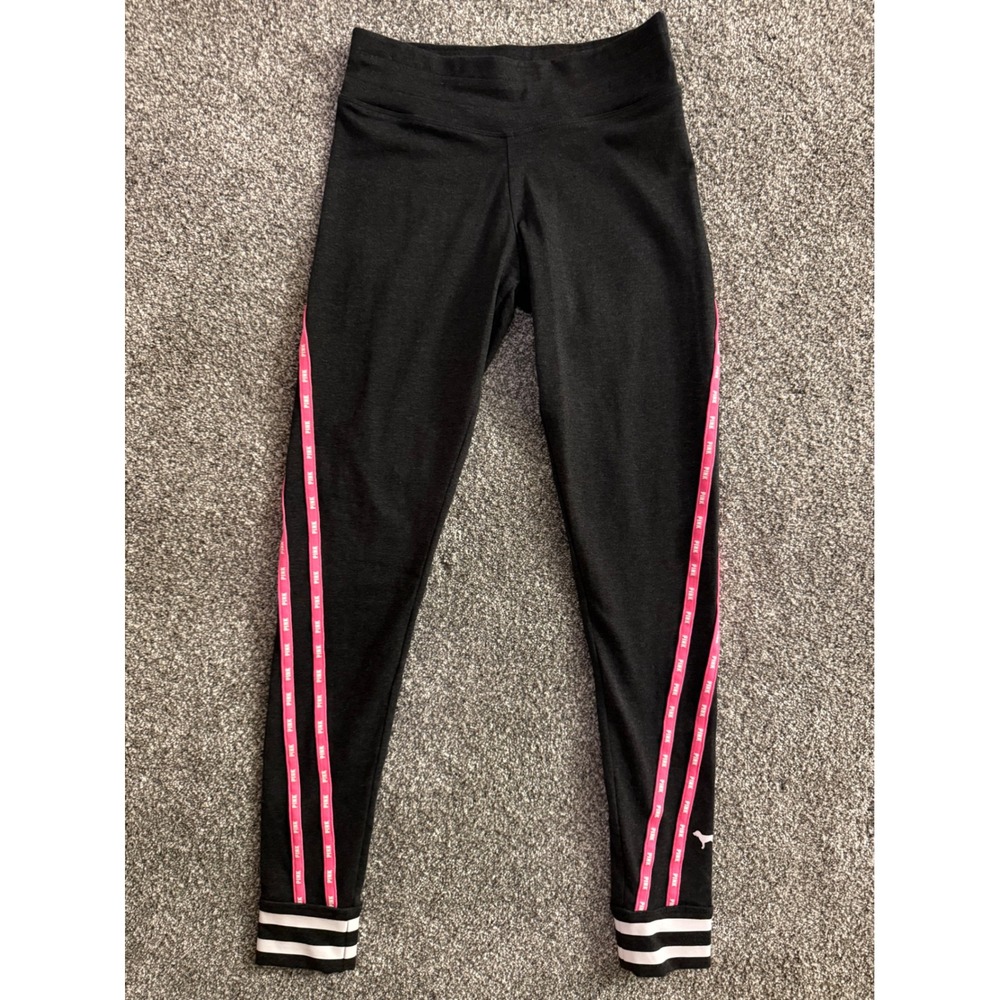 PINK Victoria's Secret Yoga Leggings XS Grey Pink Logo Taped Side Stripe Sporty